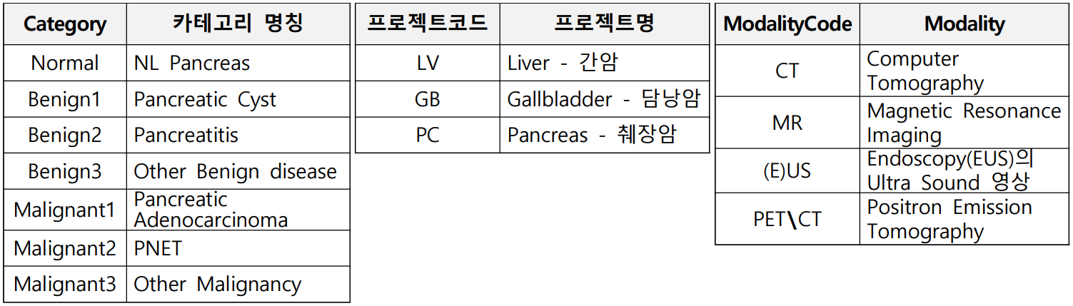 췌장암 진단 의료 영상-데이터 구조-데이터 구성-폴더명 세부 항목 표